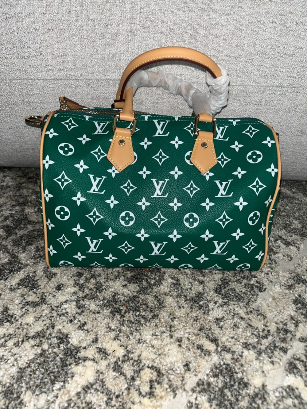 Green Monogram Speedy-Style Tote with Tan Trim no wallet